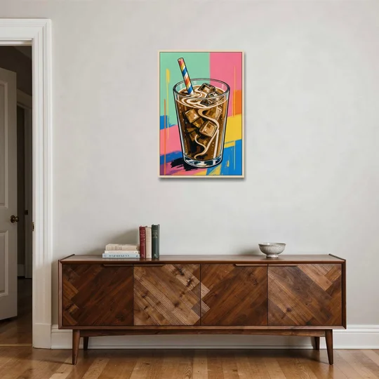 Modern Iced Coffee with a Striped Straw - Oak Framed Canvas Wall Art - Coffee Table - 24x36