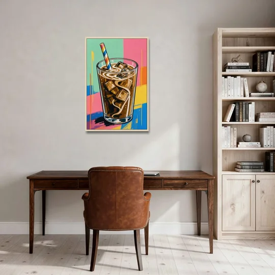 Modern Iced Coffee with a Striped Straw - Oak Framed Canvas Wall Art - Office - 24x36