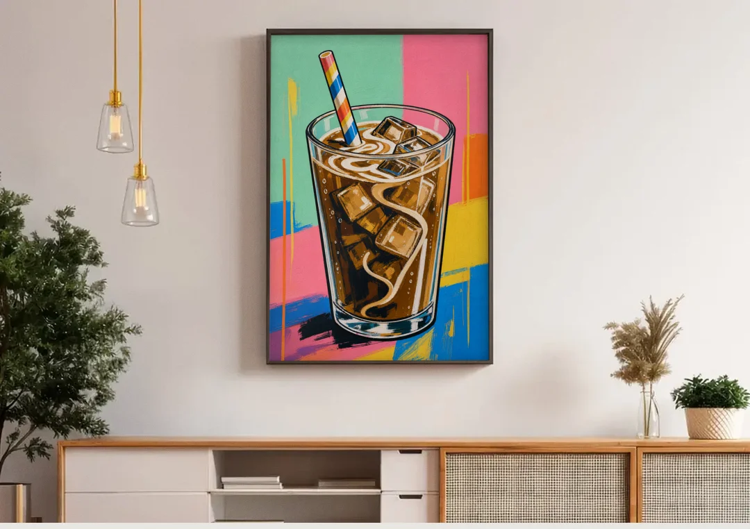 Modern Iced Coffee with a Striped Straw canvas wall art above a wooden sideboard under pendant lights