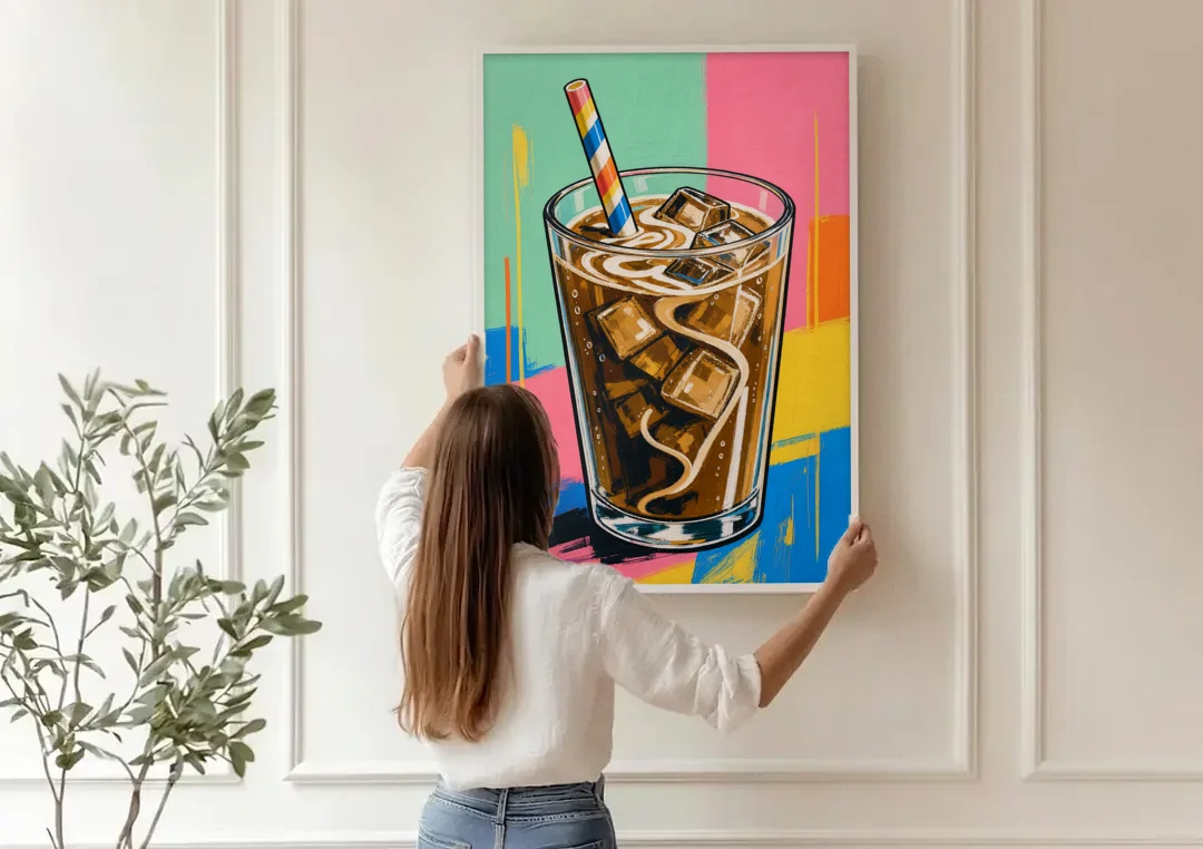 Modern Iced Coffee with a Striped Straw canvas wall art being hung on a paneled wall