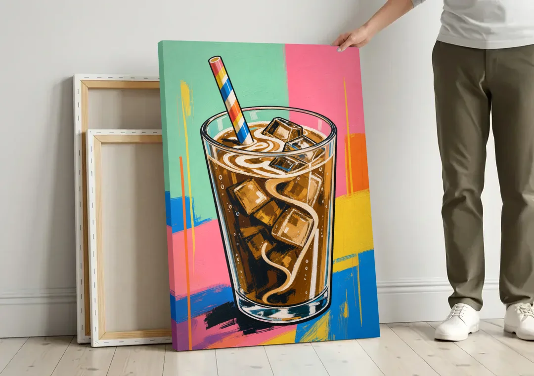 Modern Iced Coffee with a Striped Straw canvas wall art leaning against a wall next to blank canvases