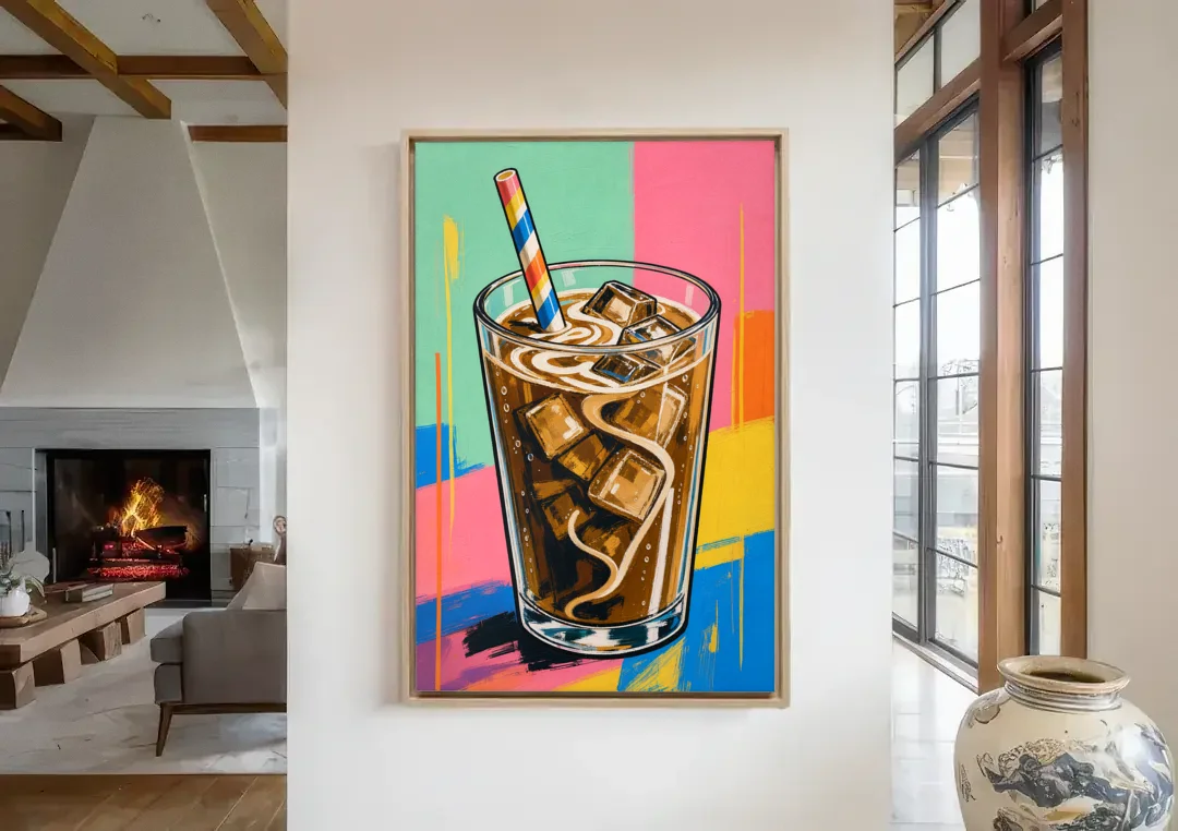 Modern Iced Coffee with a Striped Straw canvas wall art in a living room with a fireplace