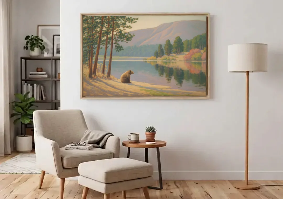 Iconic Big Bear Lake View canvas wall art above an armchair in a bright living room