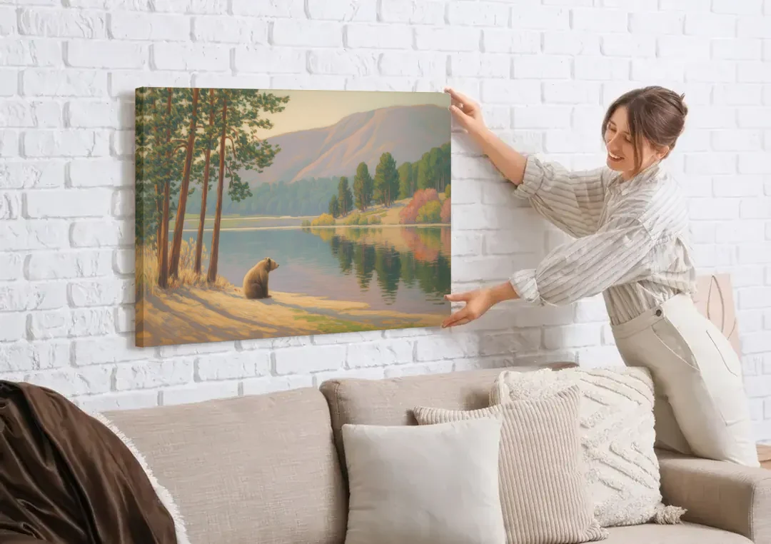 Iconic Big Bear Lake View canvas wall art being hung on a white brick wall above a sofa