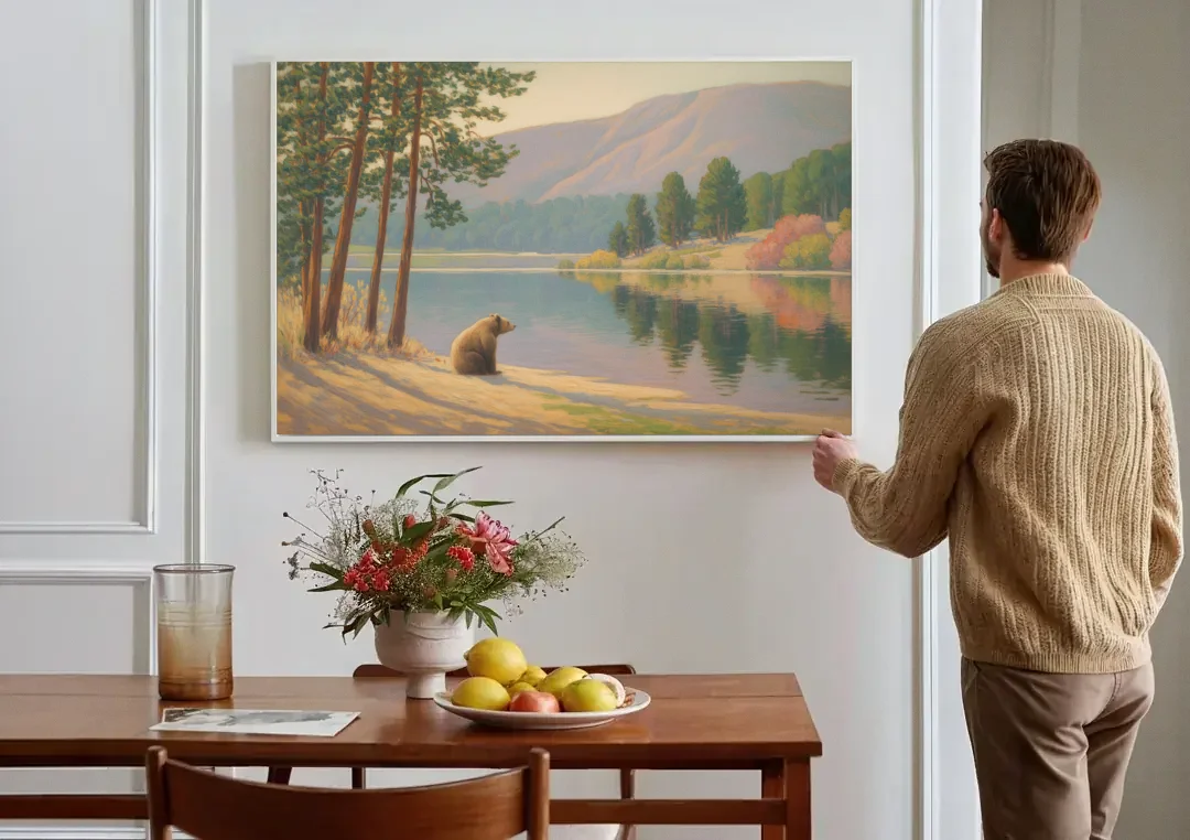 Iconic Big Bear Lake View canvas wall art above a dining table
