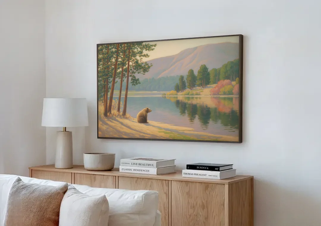 Iconic Big Bear Lake View canvas wall art above a wooden sideboard next to a sofa