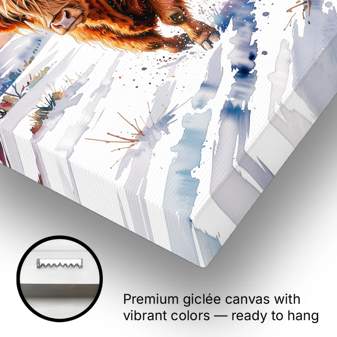 Iconic Highland Cow in Snow - Canvas Wall Art - Gallery Wrap Corner