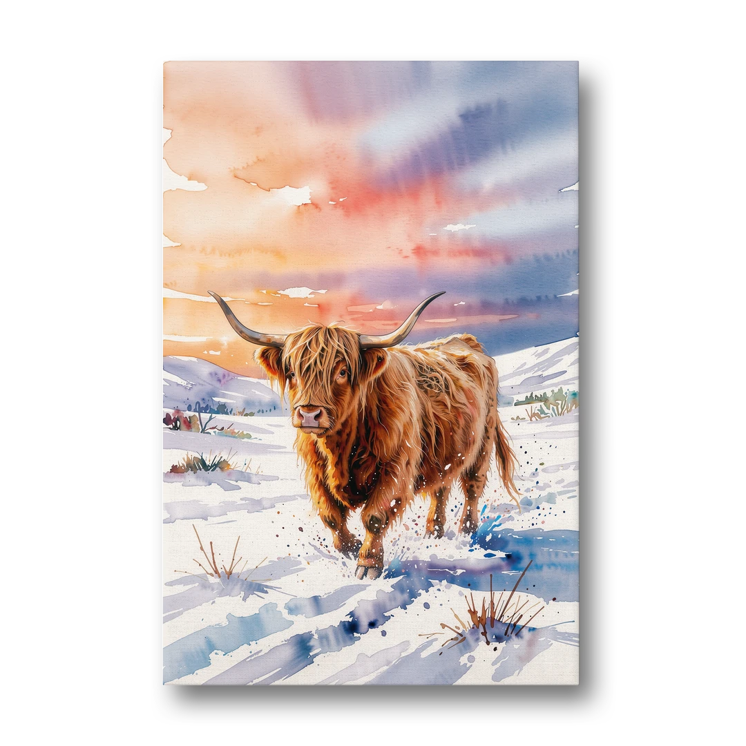 Iconic Highland Cow in Snow - Canvas Wall Art - Front