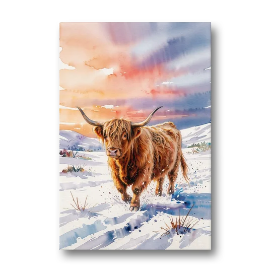 Iconic Highland Cow in Snow - Canvas Wall Art - Front