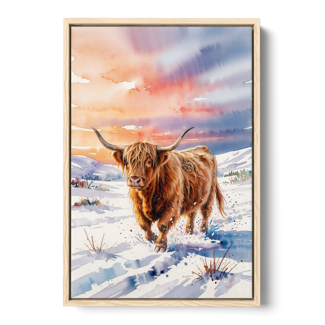 Iconic Highland Cow in Snow - Oak Framed Canvas Wall Art - Front