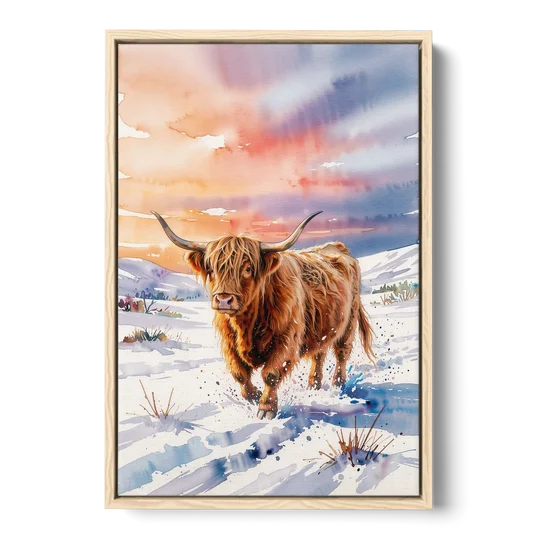 Iconic Highland Cow in Snow - Oak Framed Canvas Wall Art - Front