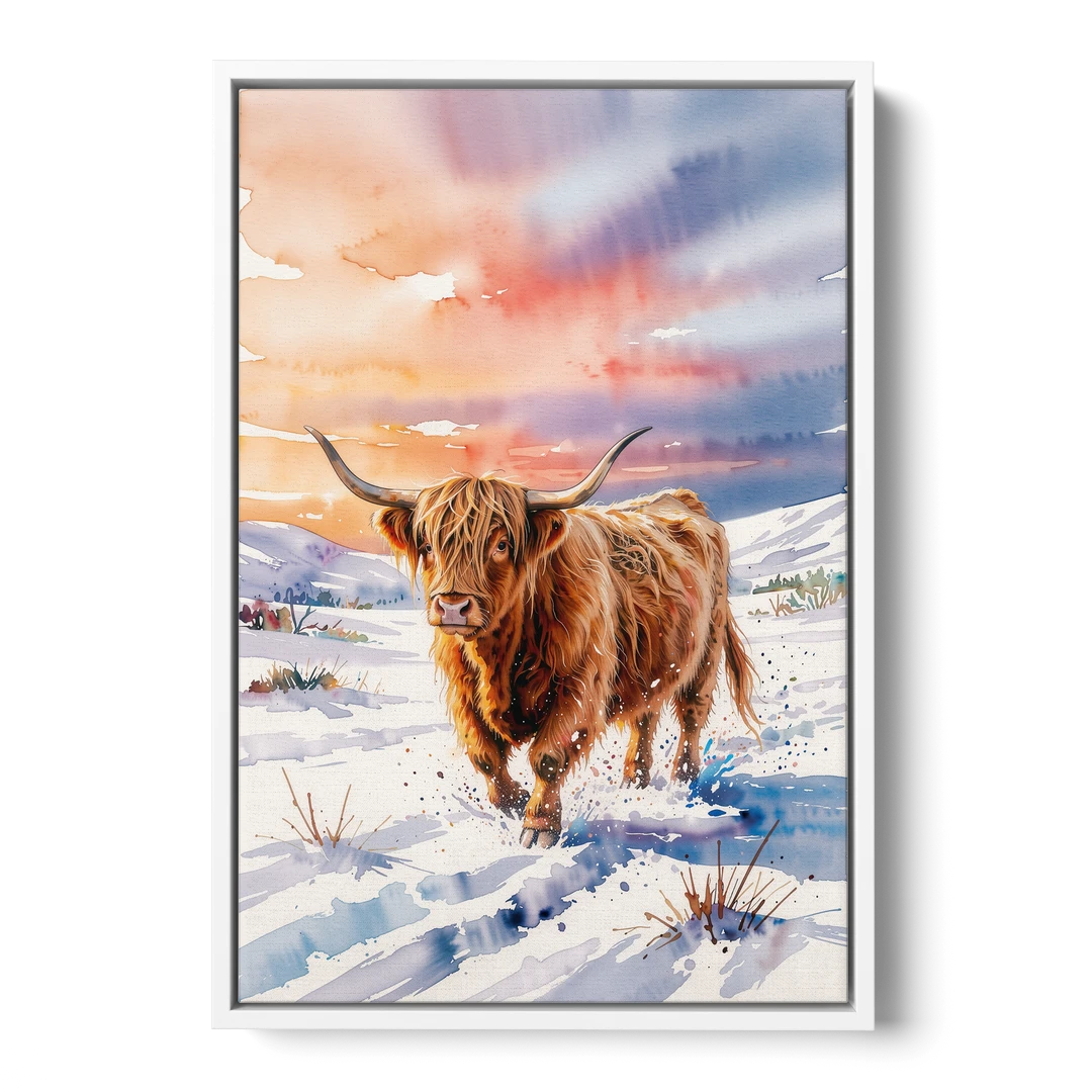 Iconic Highland Cow in Snow - White Framed Canvas Wall Art - Front