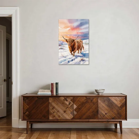 Iconic Highland Cow in Snow - Canvas Wall Art - Coffee Table - 24x36