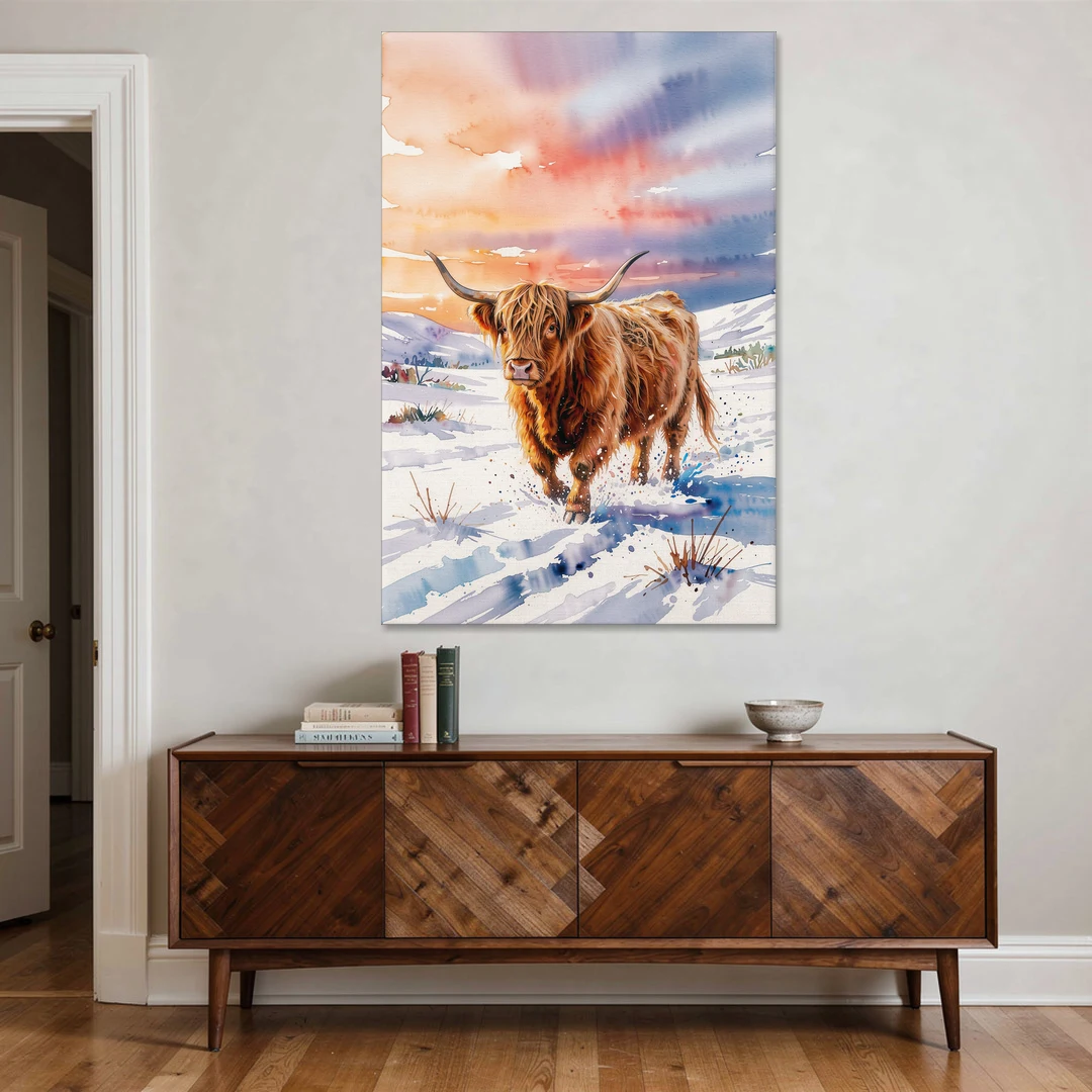 Iconic Highland Cow in Snow - Canvas Wall Art - Coffee Table - 40x60