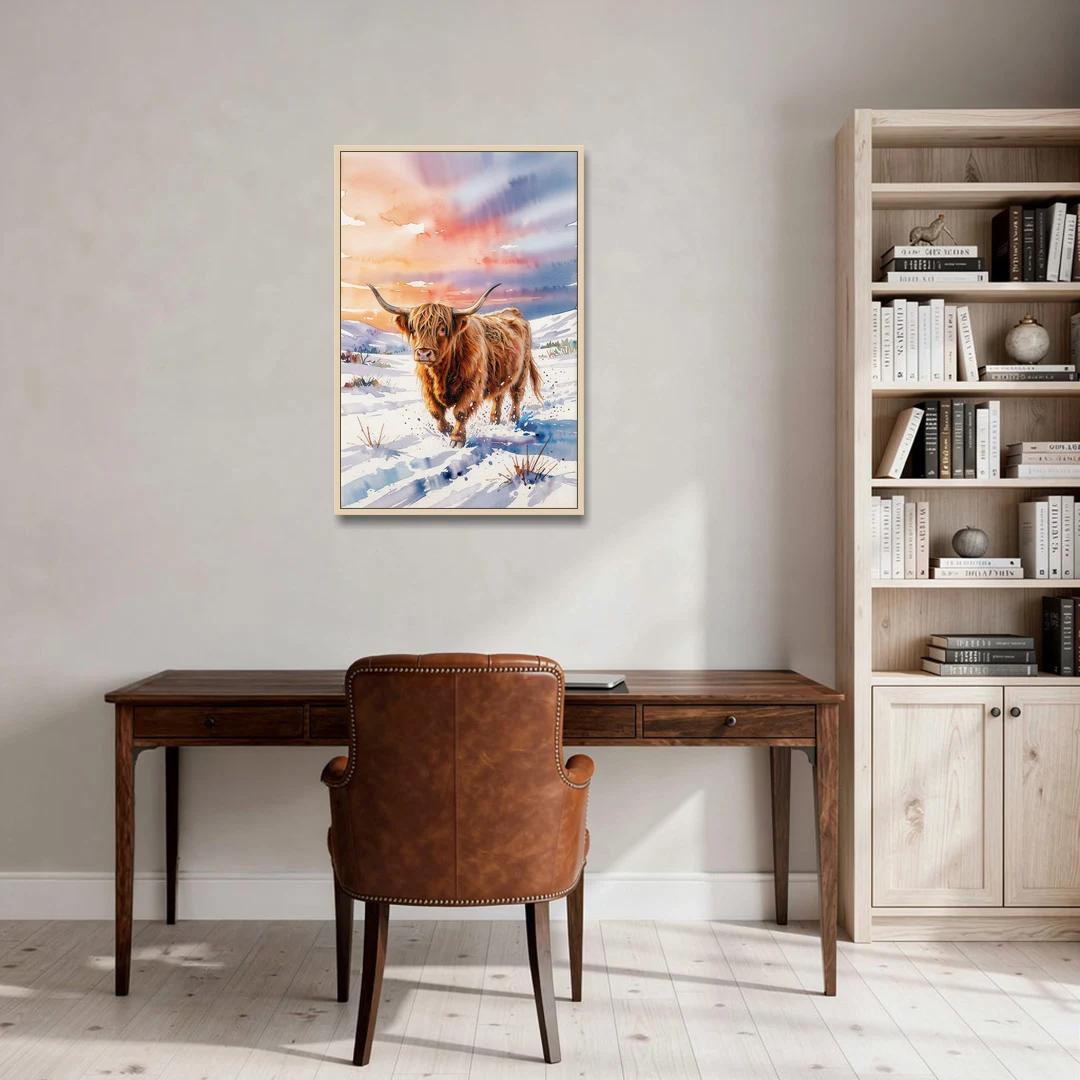 Iconic Highland Cow in Snow - Oak Framed Canvas Wall Art - Office - 24x36