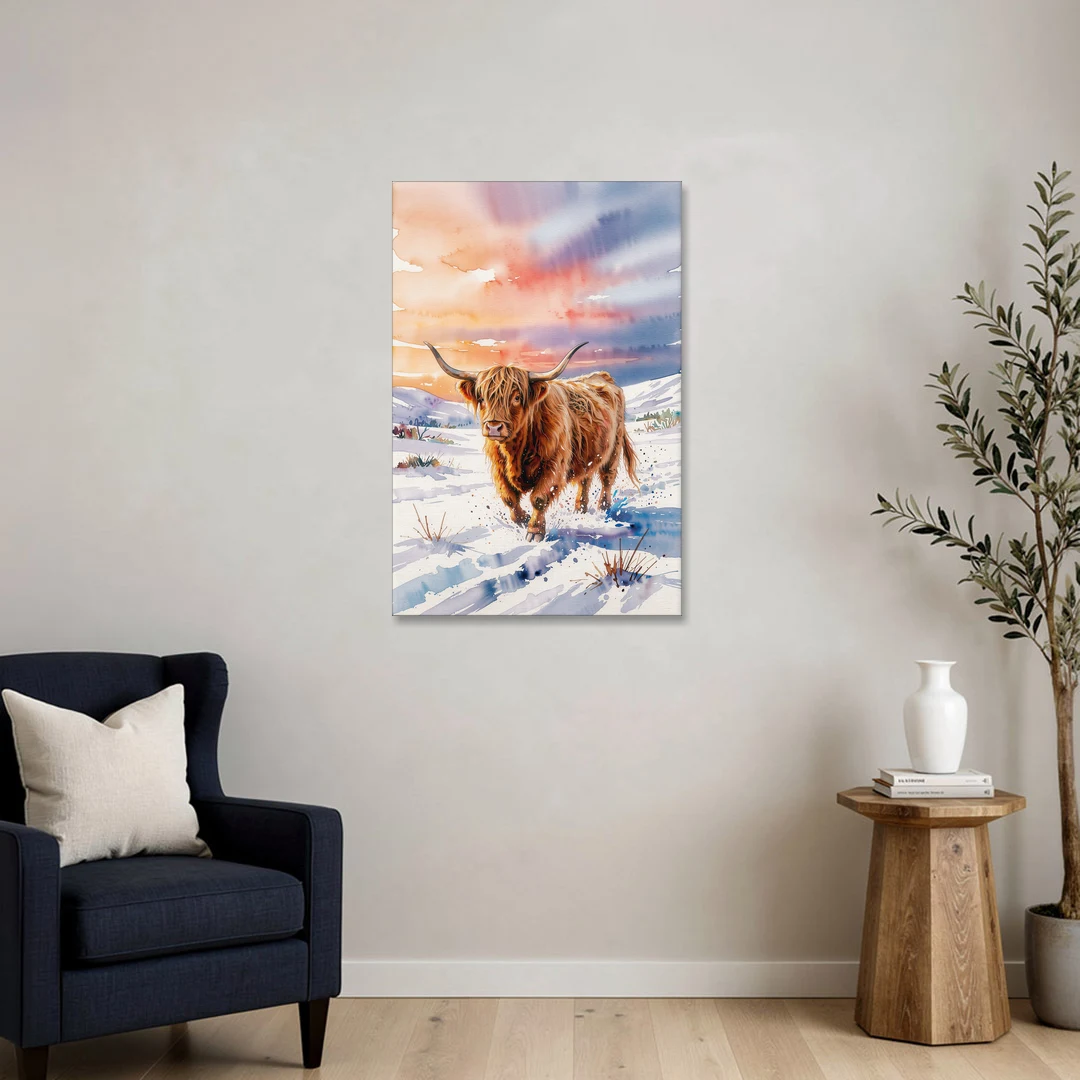 Iconic Highland Cow in Snow - Canvas Wall Art - Sofa - 24x36