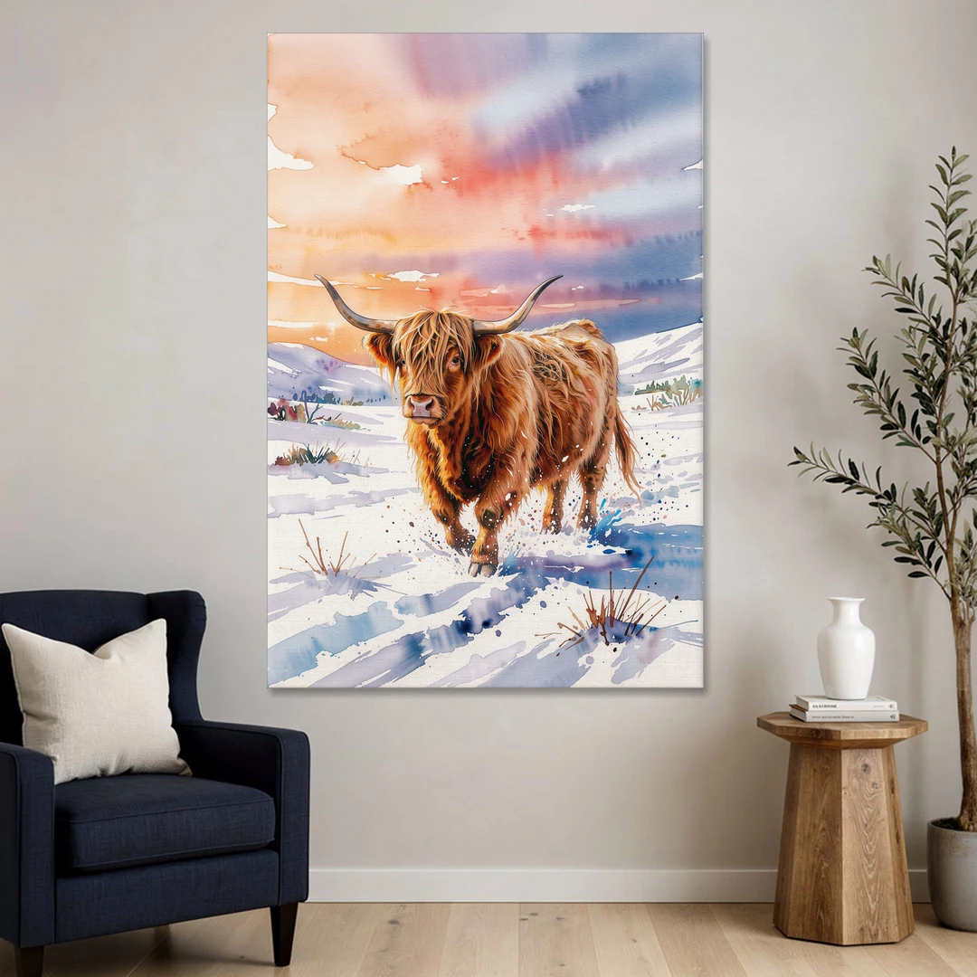 Iconic Highland Cow in Snow - Canvas Wall Art - Sofa - 40x60