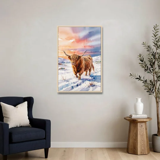 Iconic Highland Cow in Snow - Oak Framed Canvas Wall Art - Sofa - 24x36