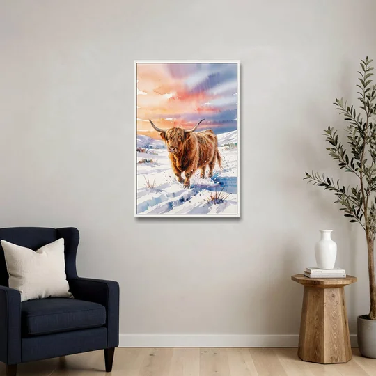 Iconic Highland Cow in Snow - White Framed Canvas Wall Art - Sofa - 24x36