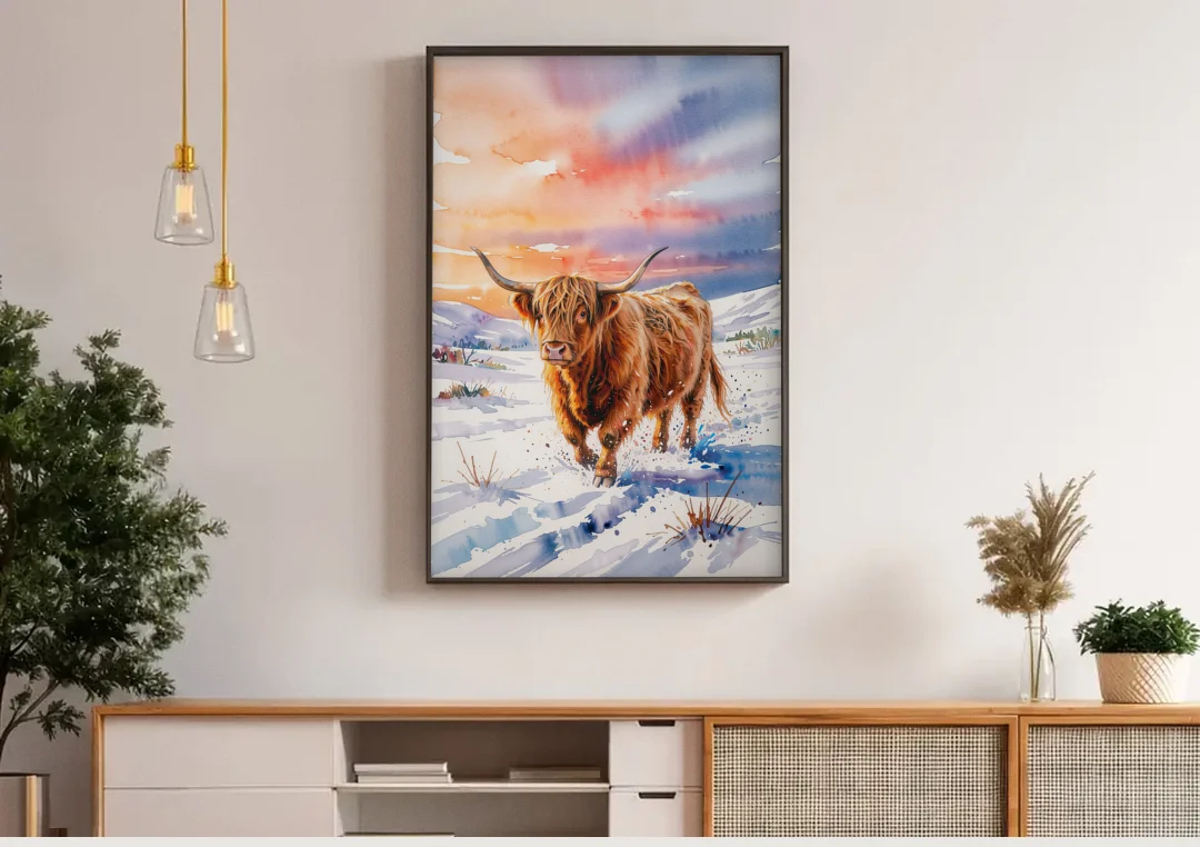 Iconic Highland Cow in Snow canvas wall art above a wooden sideboard under pendant lights