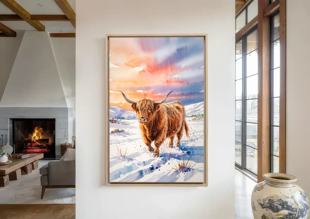Iconic Highland Cow in Snow canvas wall art in a living room with a fireplace