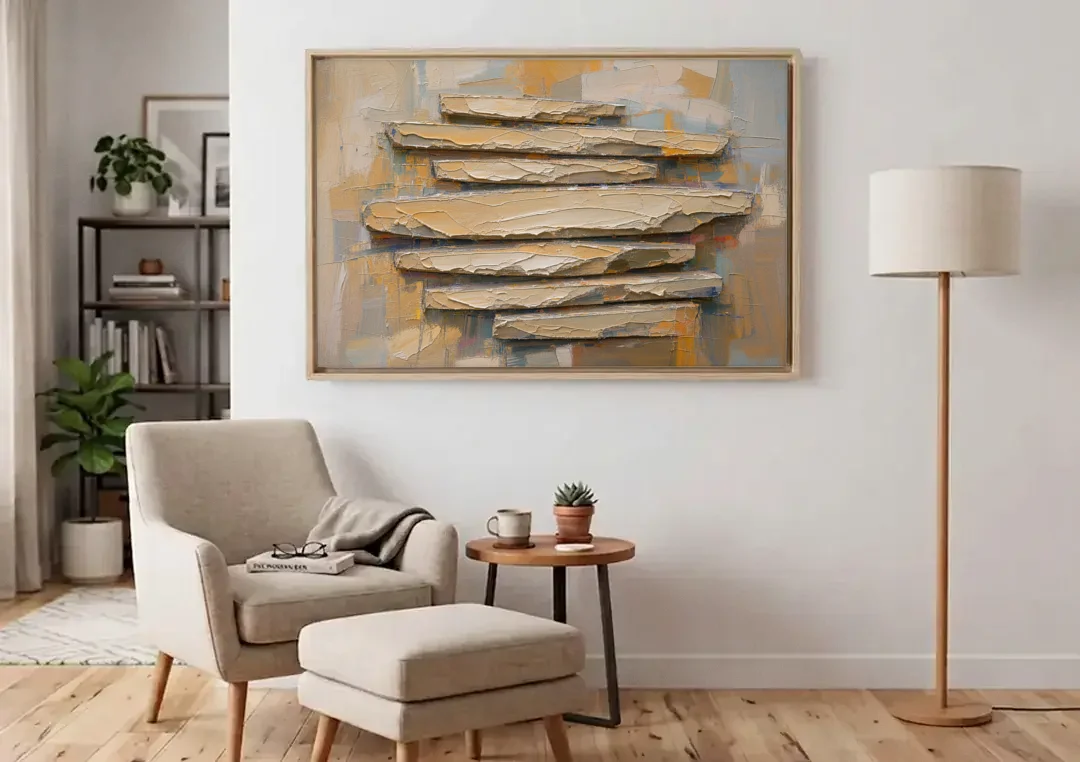 Impasto Abstract Painting of Stacked Limestone Plates canvas wall art above an armchair in a bright living room