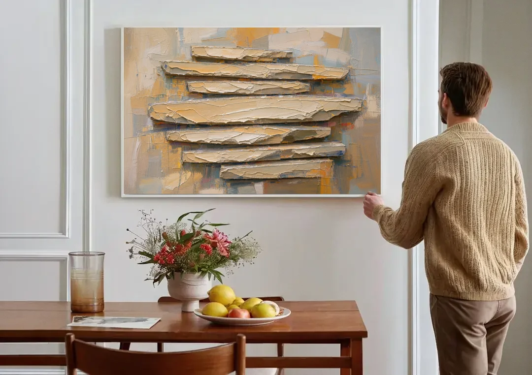 Impasto Abstract Painting of Stacked Limestone Plates canvas wall art above a dining table