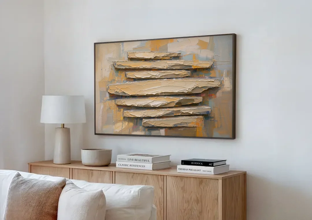 Impasto Abstract Painting of Stacked Limestone Plates canvas wall art above a wooden sideboard next to a sofa