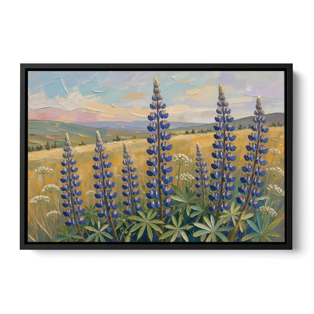 Impasto Flower Painting of Blue Lupines - Black Framed Canvas Wall Art - Front