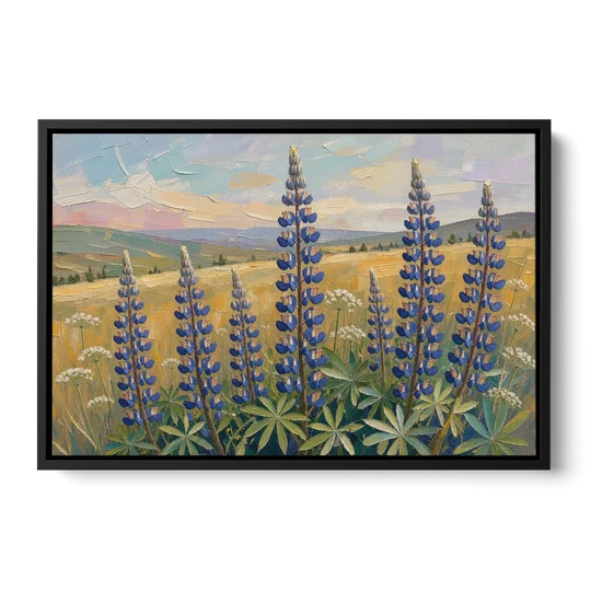 Impasto Flower Painting of Blue Lupines - Black Framed Canvas Wall Art - Front