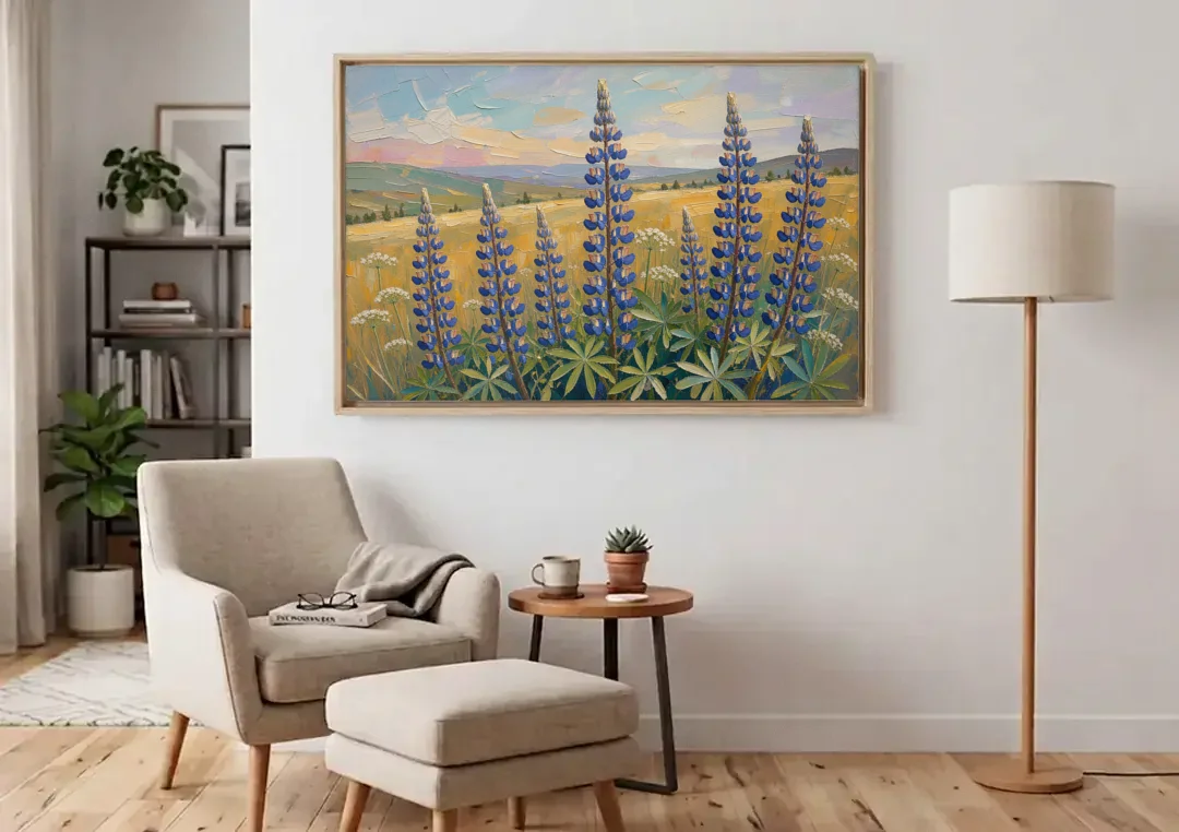 Impasto Flower Painting of Blue Lupines canvas wall art above an armchair in a bright living room