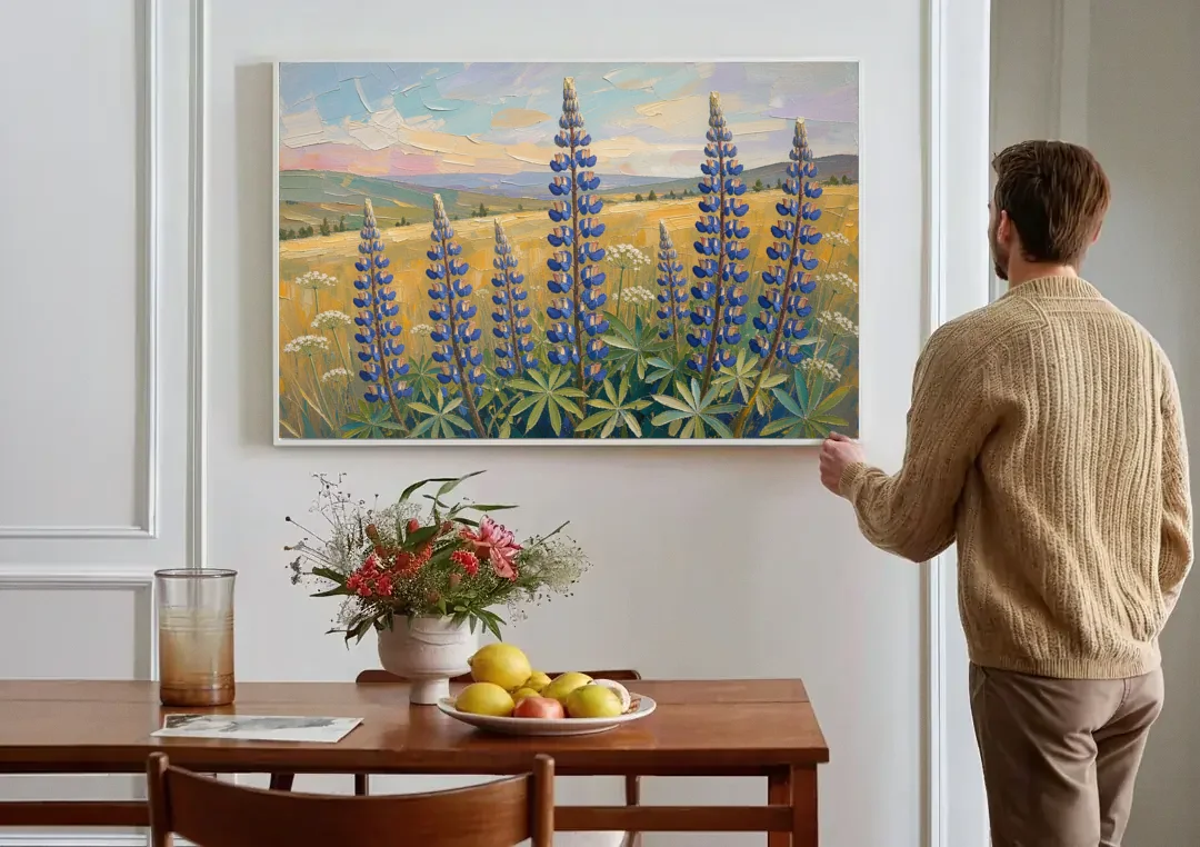 Impasto Flower Painting of Blue Lupines canvas wall art above a dining table