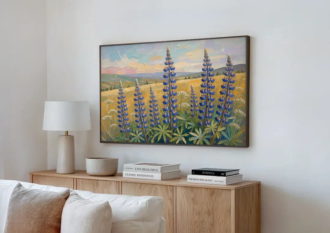 Impasto Flower Painting of Blue Lupines canvas wall art above a wooden sideboard next to a sofa