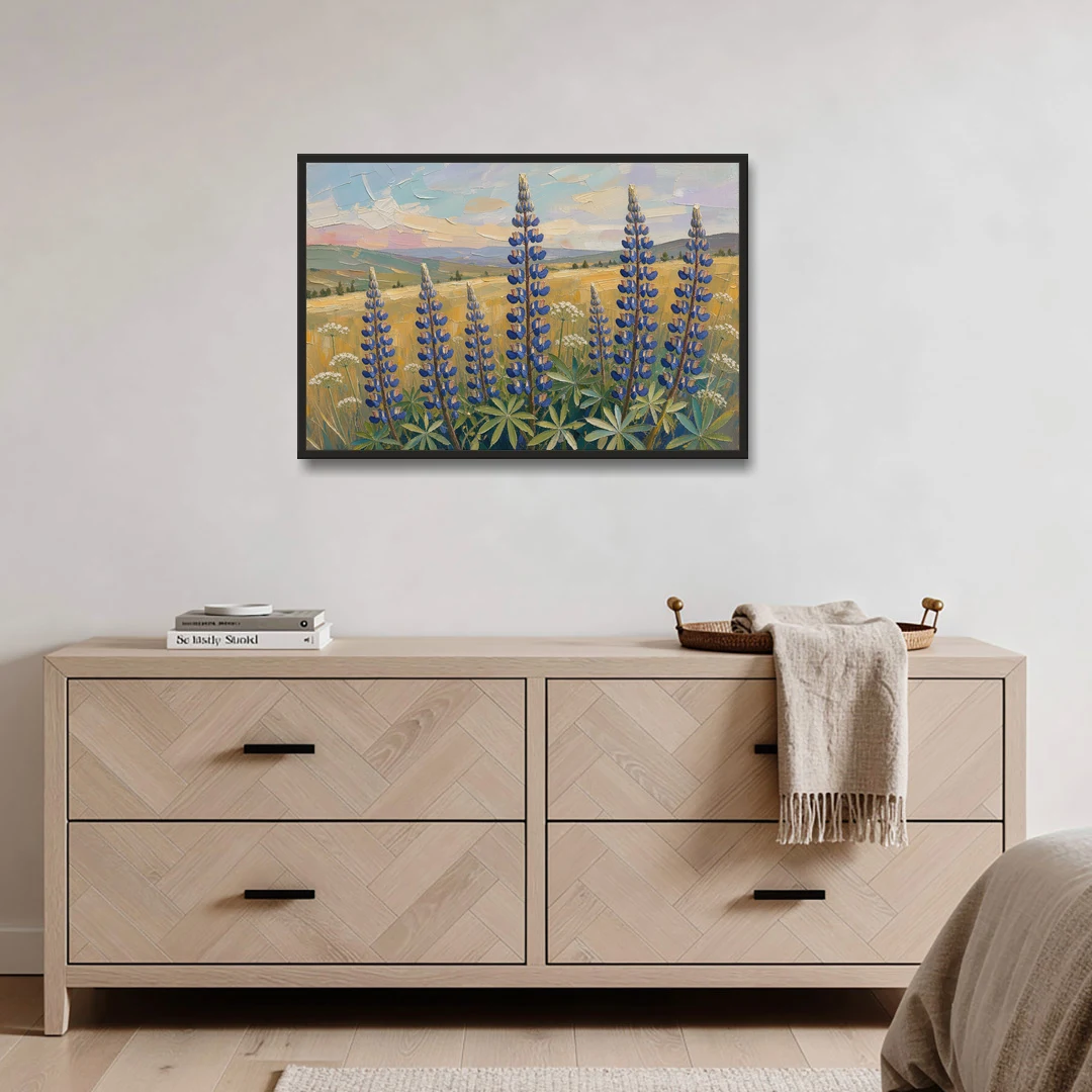 Impasto Flower Painting of Blue Lupines - Black Framed Canvas Wall Art - Coffee Table - 36x24