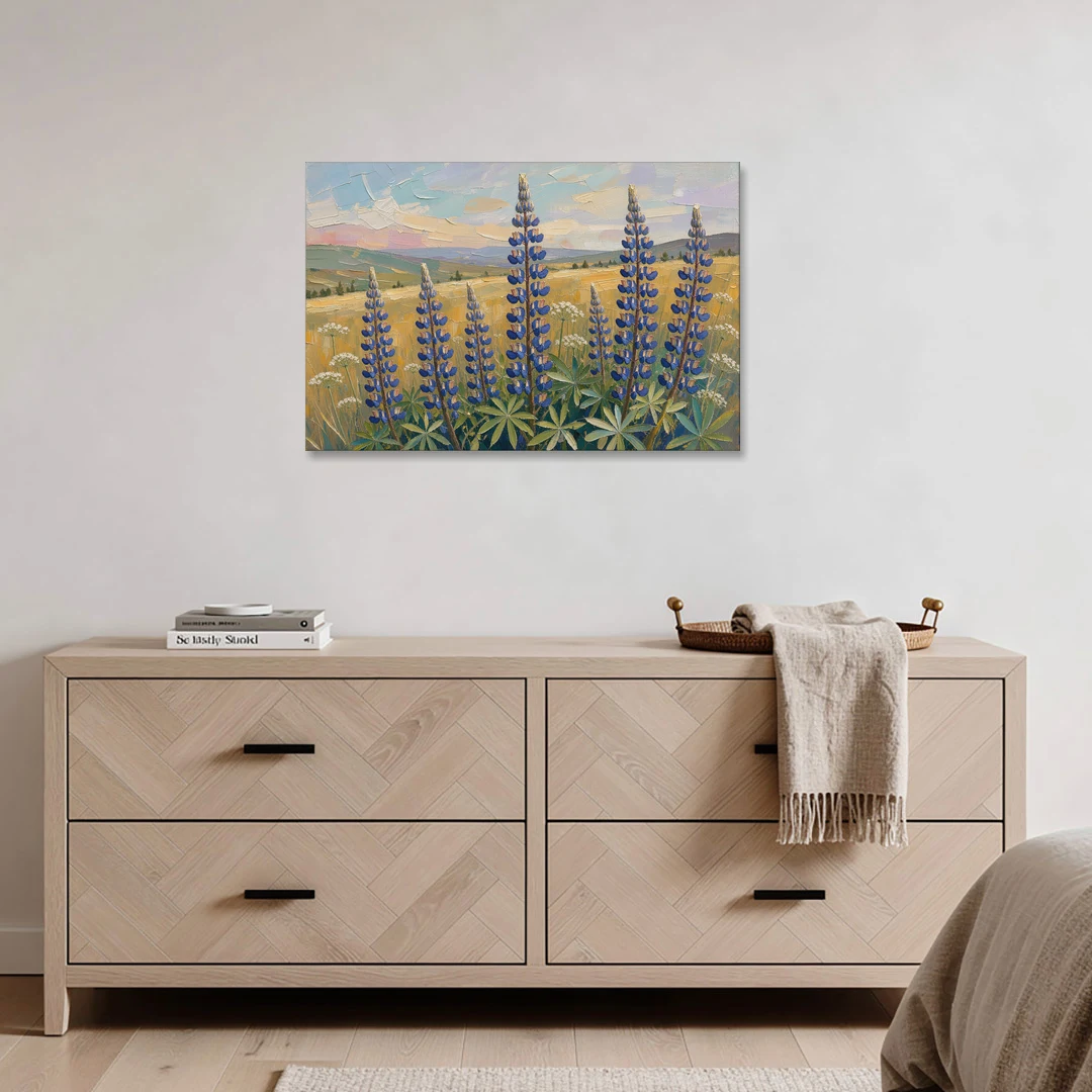 Impasto Flower Painting of Blue Lupines - Canvas Wall Art - Coffee Table - 36x24