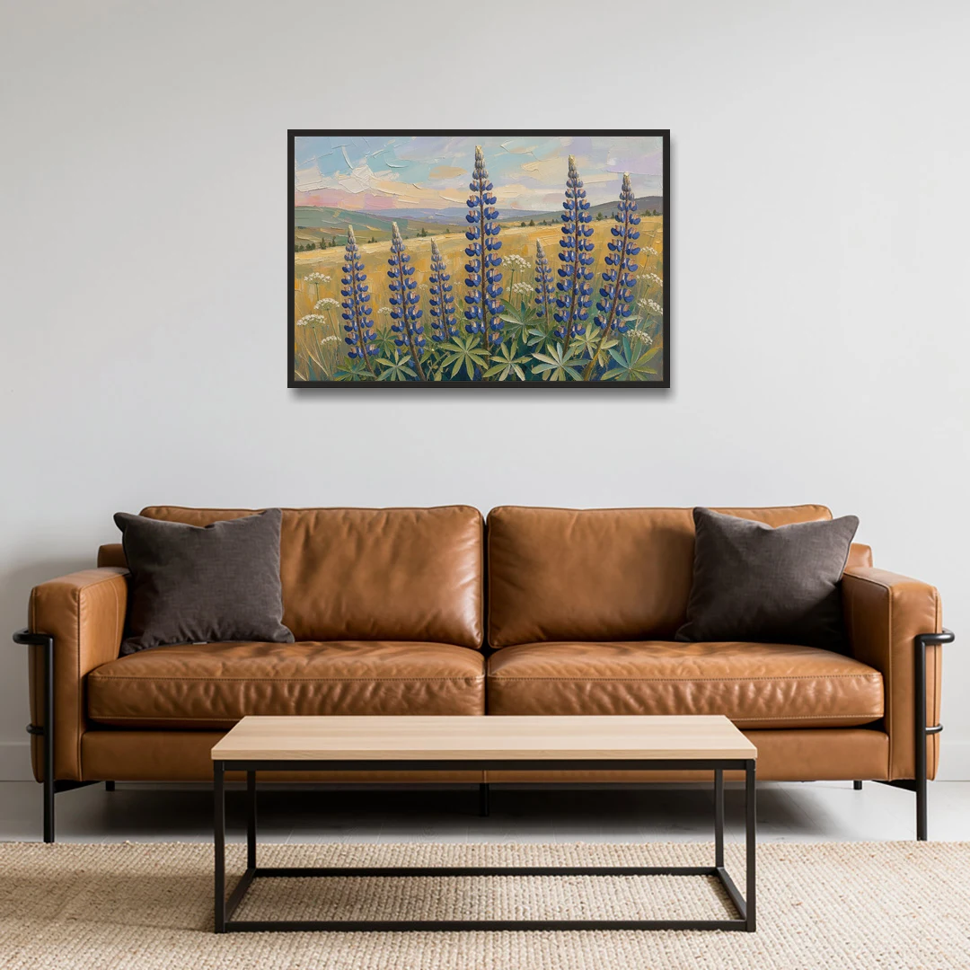Impasto Flower Painting of Blue Lupines - Black Framed Canvas Wall Art - Sofa - 36x24