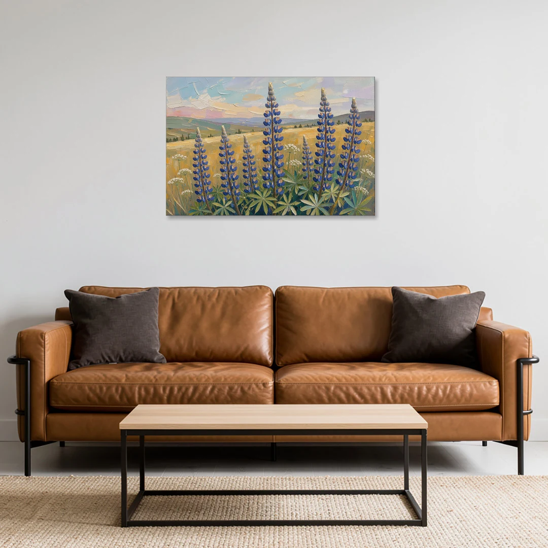 Impasto Flower Painting of Blue Lupines - Canvas Wall Art - Sofa - 36x24