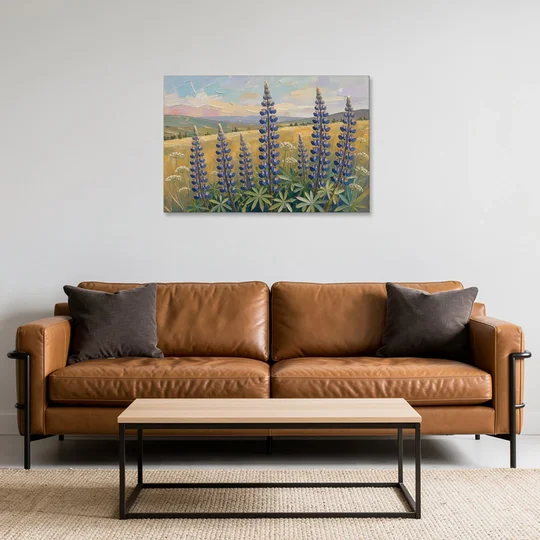 Impasto Flower Painting of Blue Lupines - Canvas Wall Art - Sofa - 36x24