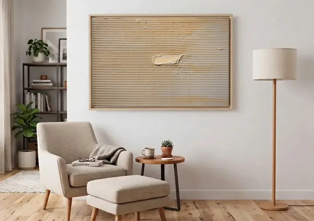 Impasto Wall Art of Combed Plaster Ridges canvas wall art above an armchair in a bright living room