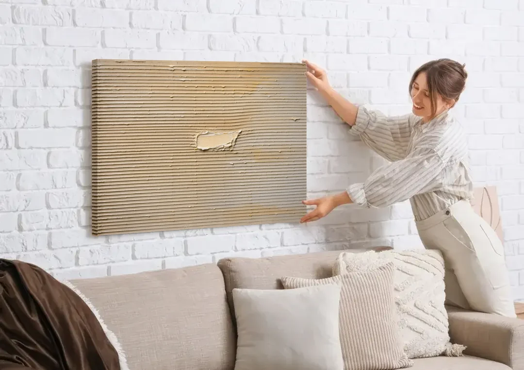 Impasto Wall Art of Combed Plaster Ridges canvas wall art being hung on a white brick wall above a sofa