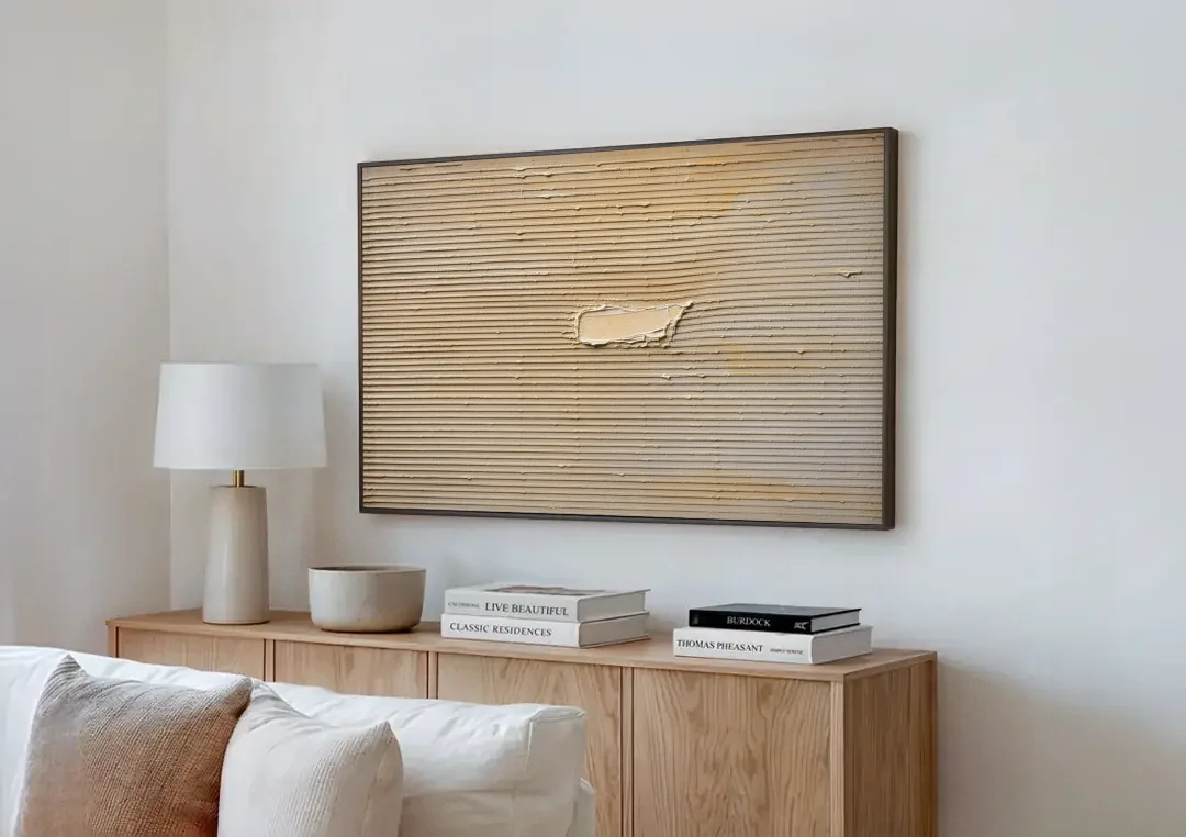 Impasto Wall Art of Combed Plaster Ridges canvas wall art above a wooden sideboard next to a sofa