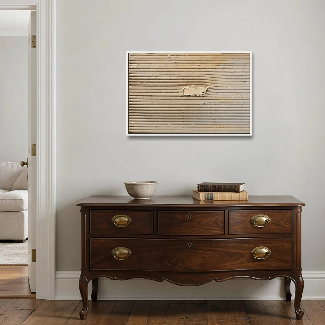 Impasto Wall Art of Combed Plaster Ridges - White Framed Canvas Wall Art - Coffee Table - 36x24