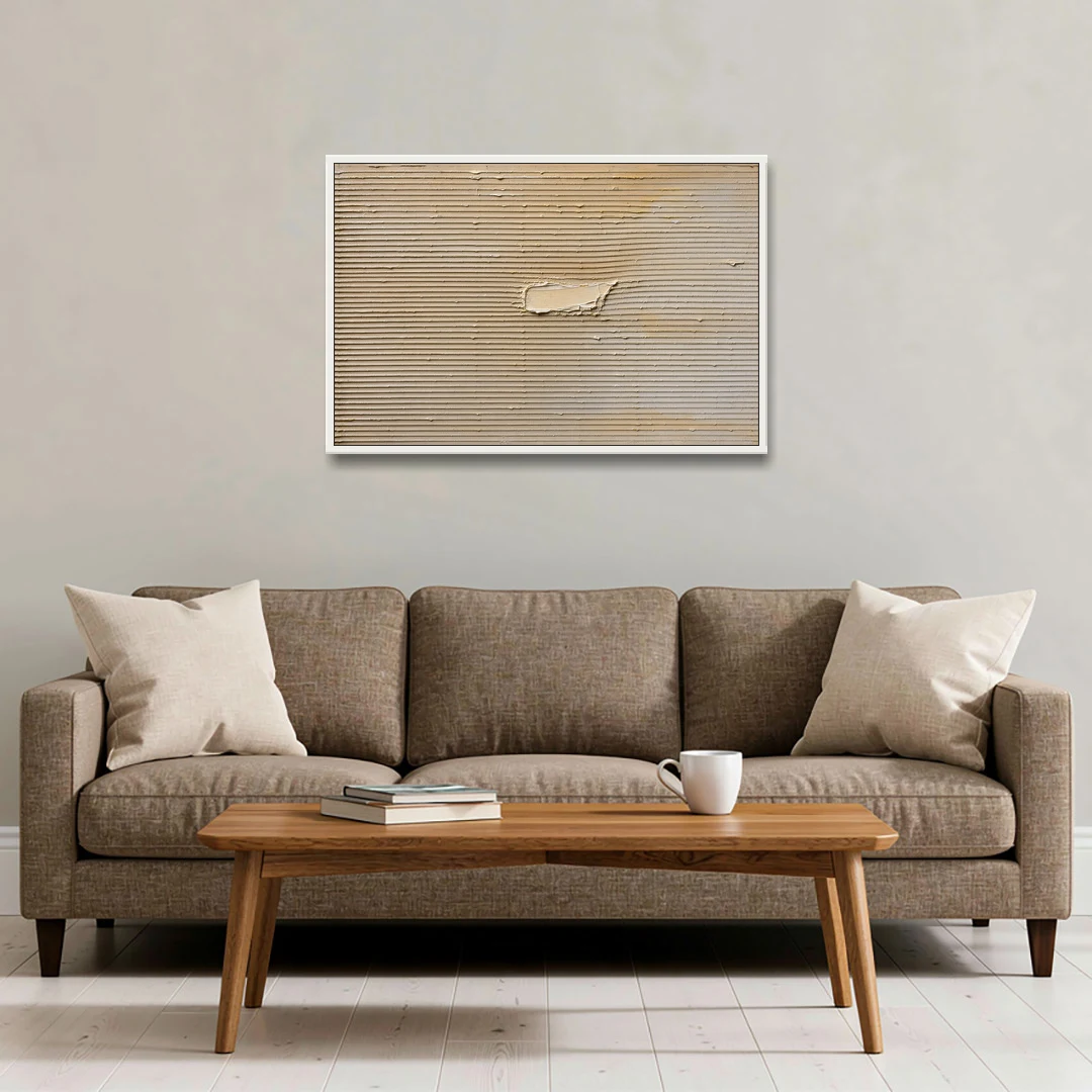 Impasto Wall Art of Combed Plaster Ridges - White Framed Canvas Wall Art - Sofa - 36x24