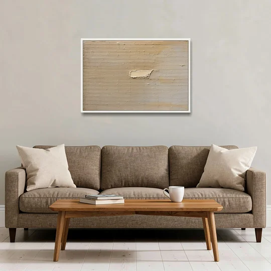 Impasto Wall Art of Combed Plaster Ridges - White Framed Canvas Wall Art - Sofa - 36x24