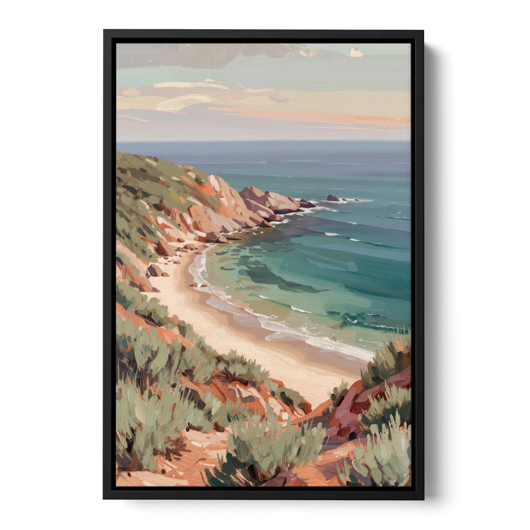 Impressionist Beach Painting of a Clifftop Cove - Black Framed Canvas Wall Art - Front
