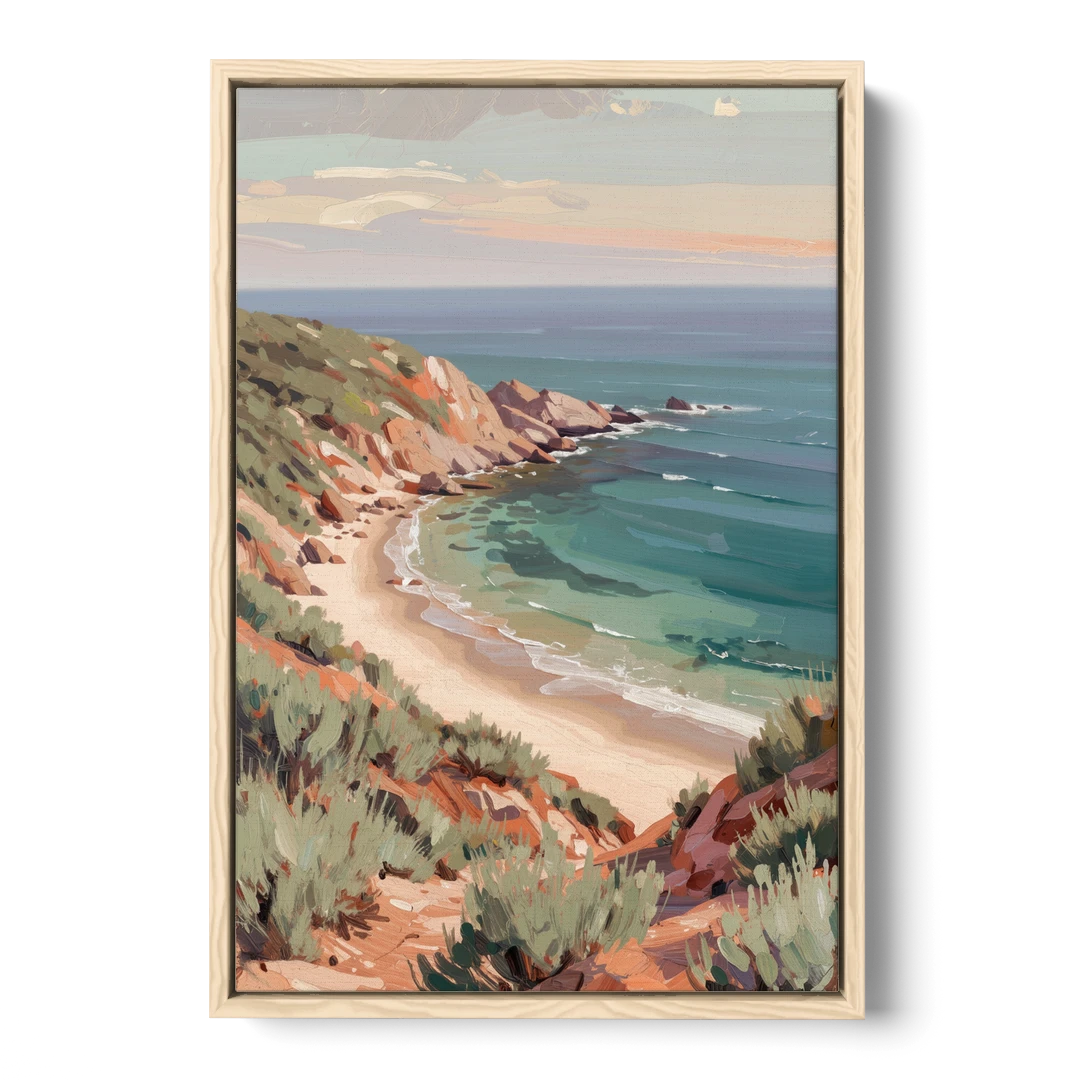 Impressionist Beach Painting of a Clifftop Cove - Oak Framed Canvas Wall Art - Front