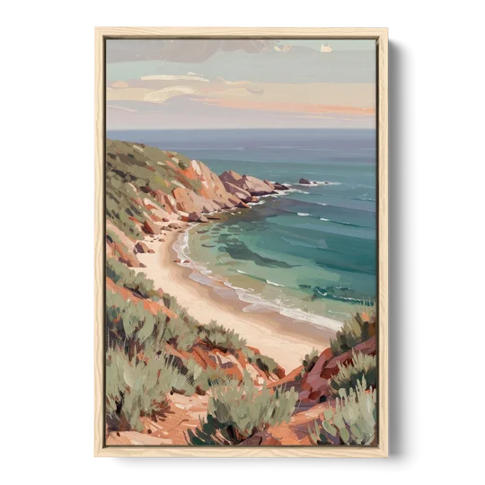 Impressionist Beach Painting of a Clifftop Cove - Oak Framed Canvas Wall Art - Front