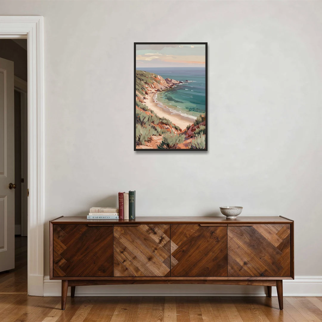 Impressionist Beach Painting of a Clifftop Cove - Black Framed Canvas Wall Art - Coffee Table - 24x36