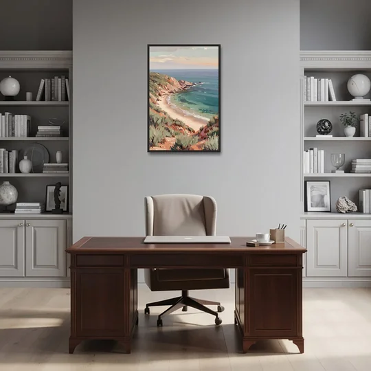 Impressionist Beach Painting of a Clifftop Cove - Black Framed Canvas Wall Art - Office - 24x36