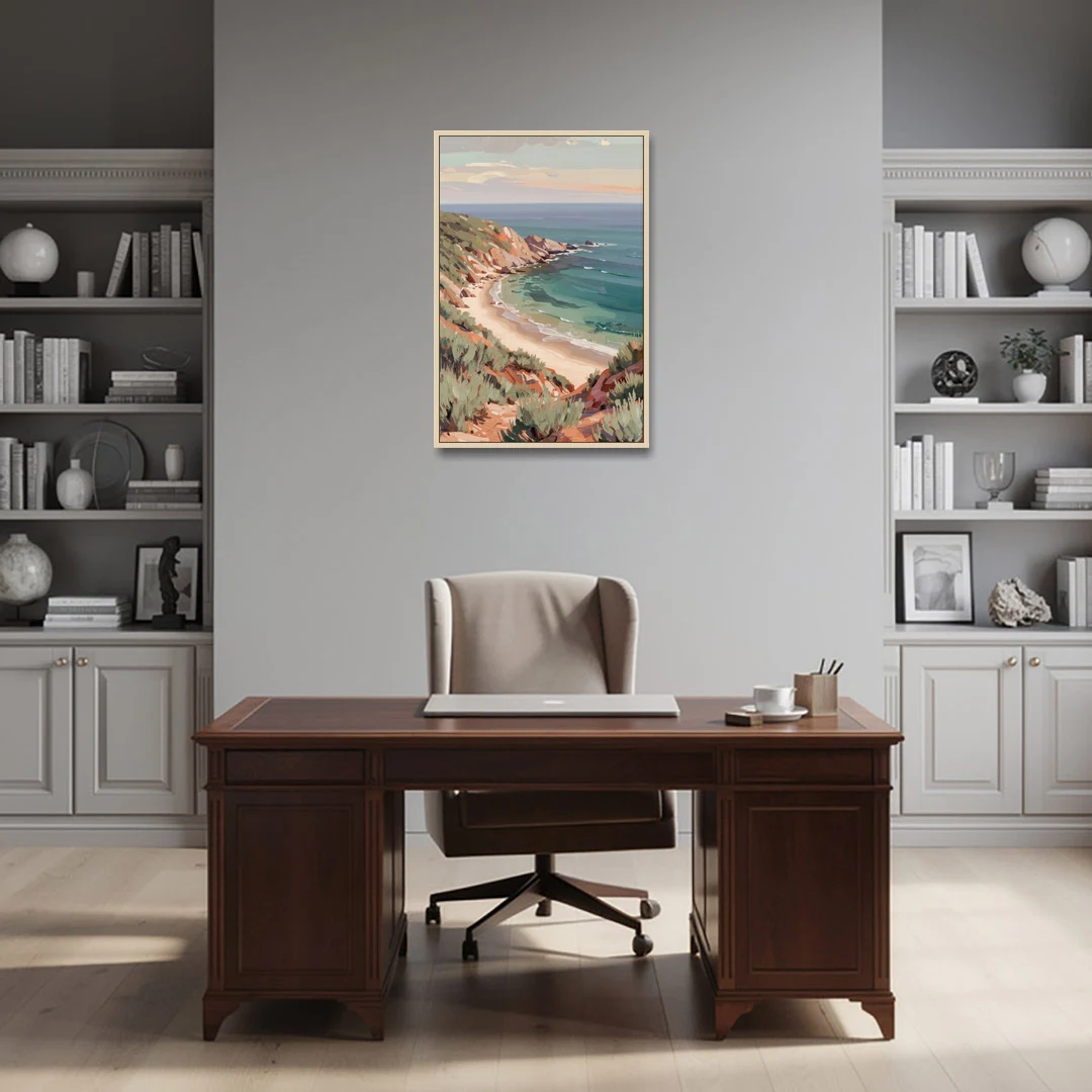 Impressionist Beach Painting of a Clifftop Cove - Oak Framed Canvas Wall Art - Office - 24x36